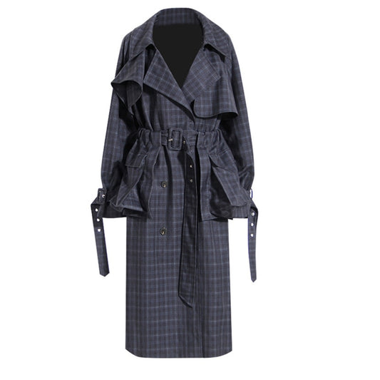 Women Navy Plaid Pocket Trench