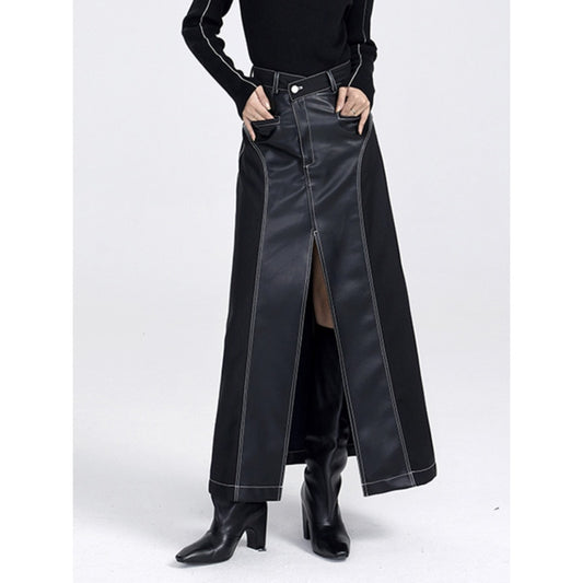 High Waist Leather Long Skirt - Black