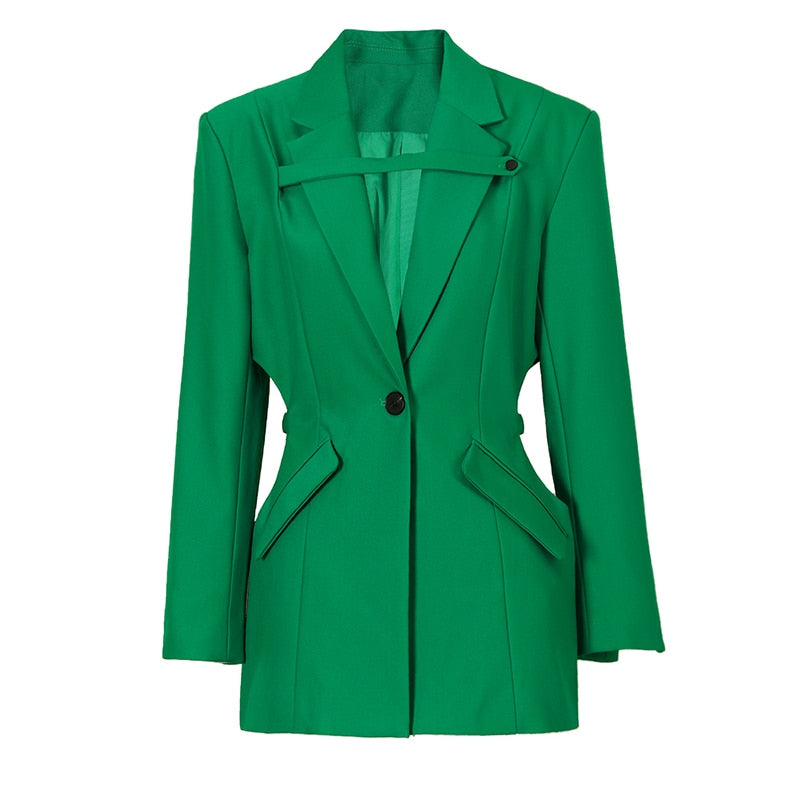 Women Green Waist Blazer Long Sleeve