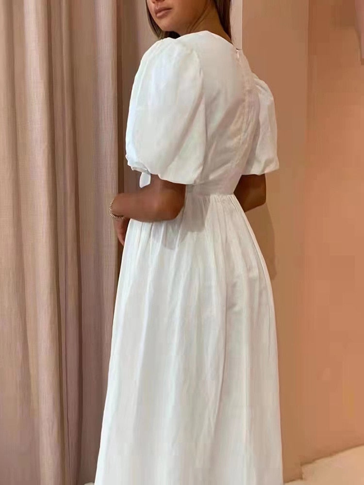 Puff Sleeve Midi Dresses - White