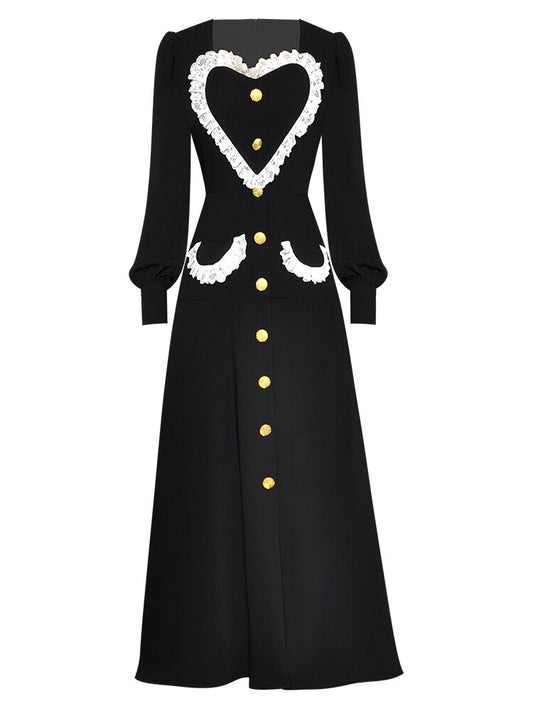 Long Sleeve Heart-shaped Dress - Black