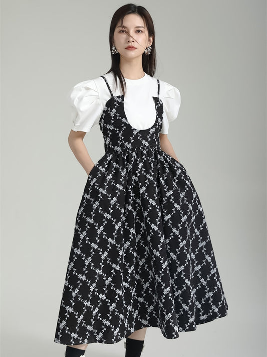 Black Pattern Printed Midi Spaghetti Strap Dress