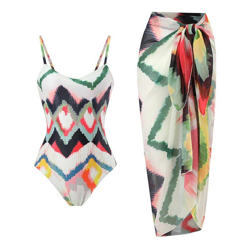 Colorblock Swimsuit With Cover Up Skirt