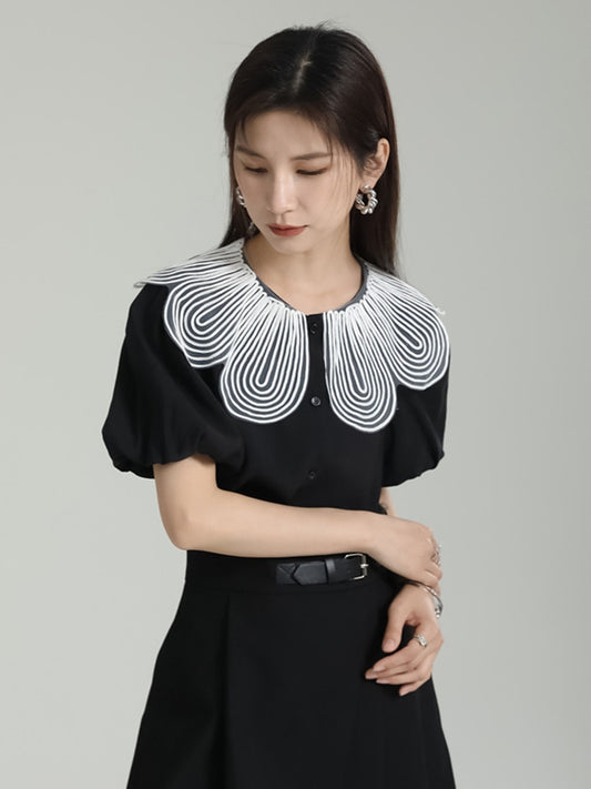 White Pleated Color-block Short Puff Sleeve