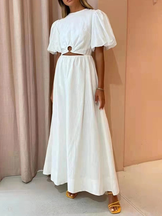 Puff Sleeve Midi Dresses - White