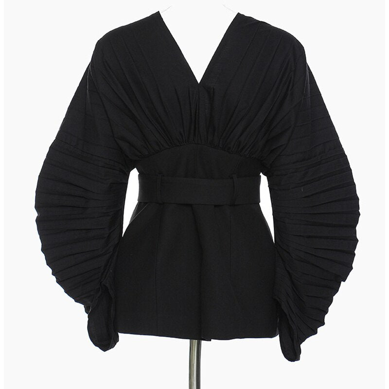 Women Black Pleated Belt Blazer Long Sleeve