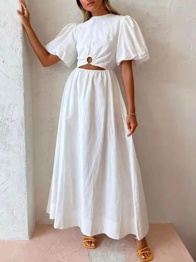 Puff Sleeve Midi Dresses - White