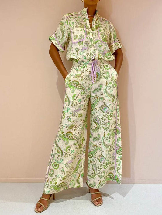 Flowers Print Linen Blouse and Waist Wide Leg Pants