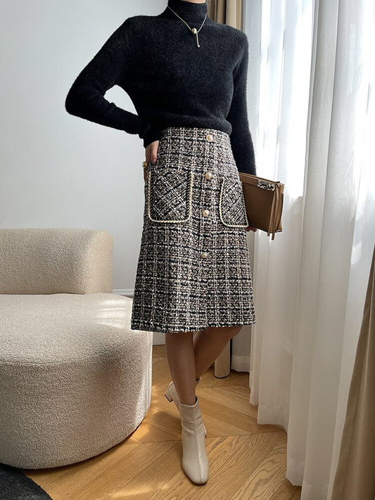 High Waist Black Plaid Tweed Pocket Skirt Women