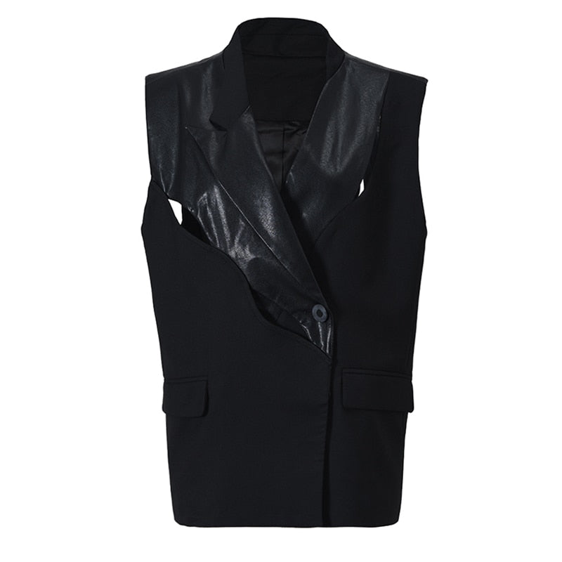 Women Leather Vest Sleeveless - Black