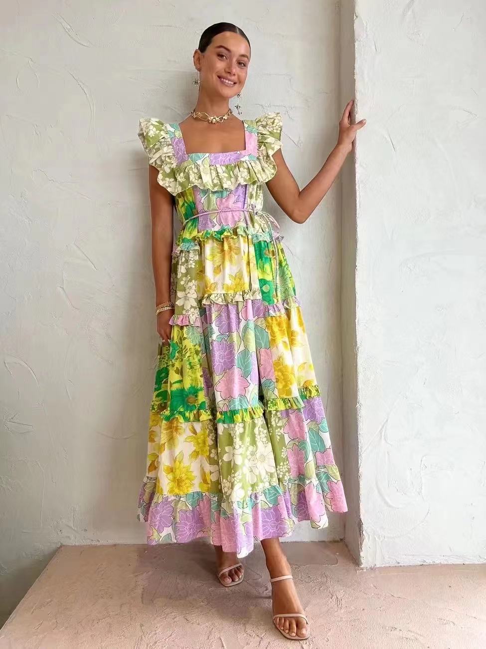 Women Flower Printed Ruffles Maxi Dress