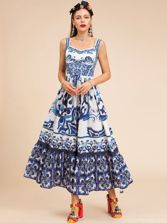 Blue and White Printing Summer Dress