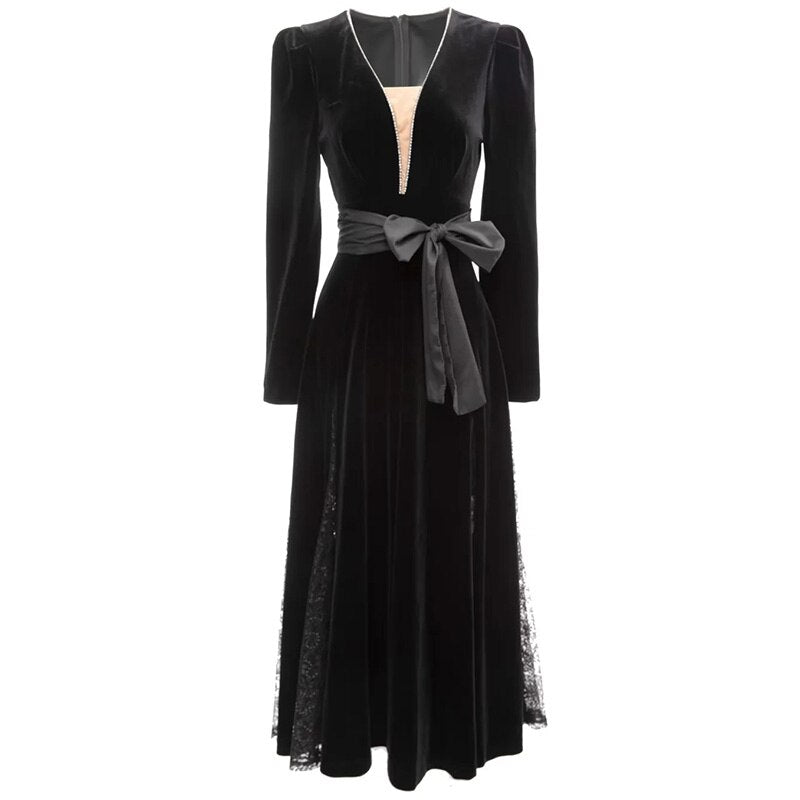 Long sleeve Velvet Dresses - Black