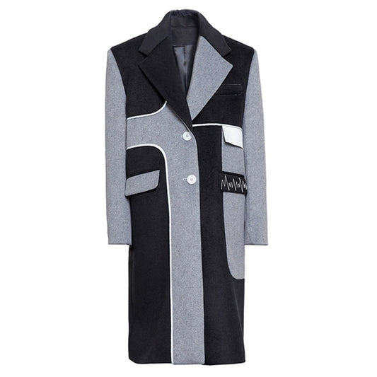 Gray Color-block Long Wool Coat