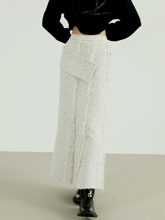 High Waist White Irregular Tassel Tweed Long Skirt