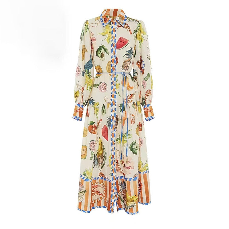 Fruit Printed Long Sleeve  Midi Dress