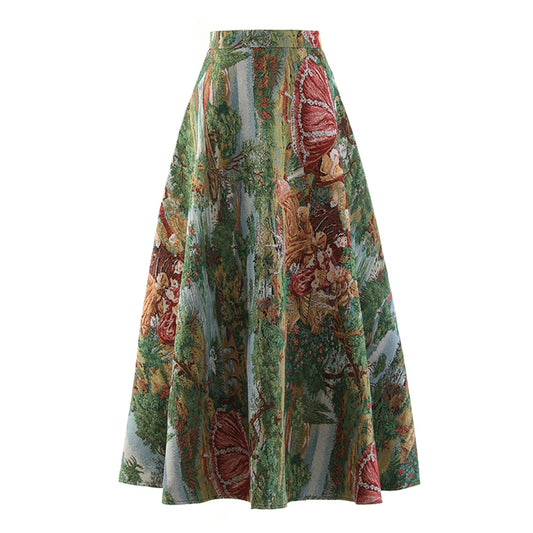 High Waist A Line Print Colorblock Skirt