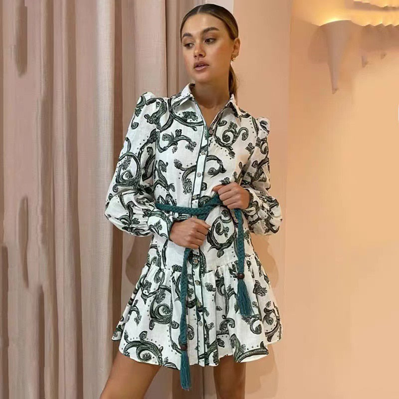 Print Long Sleeve Linen Short Dress