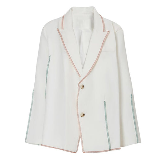 White Topstitched Big Size Blazer