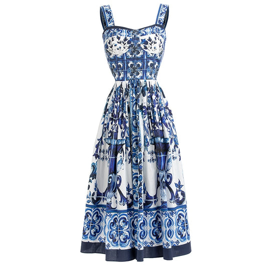 Summer Women's Dress Spaghetti Strap Blue and White Print