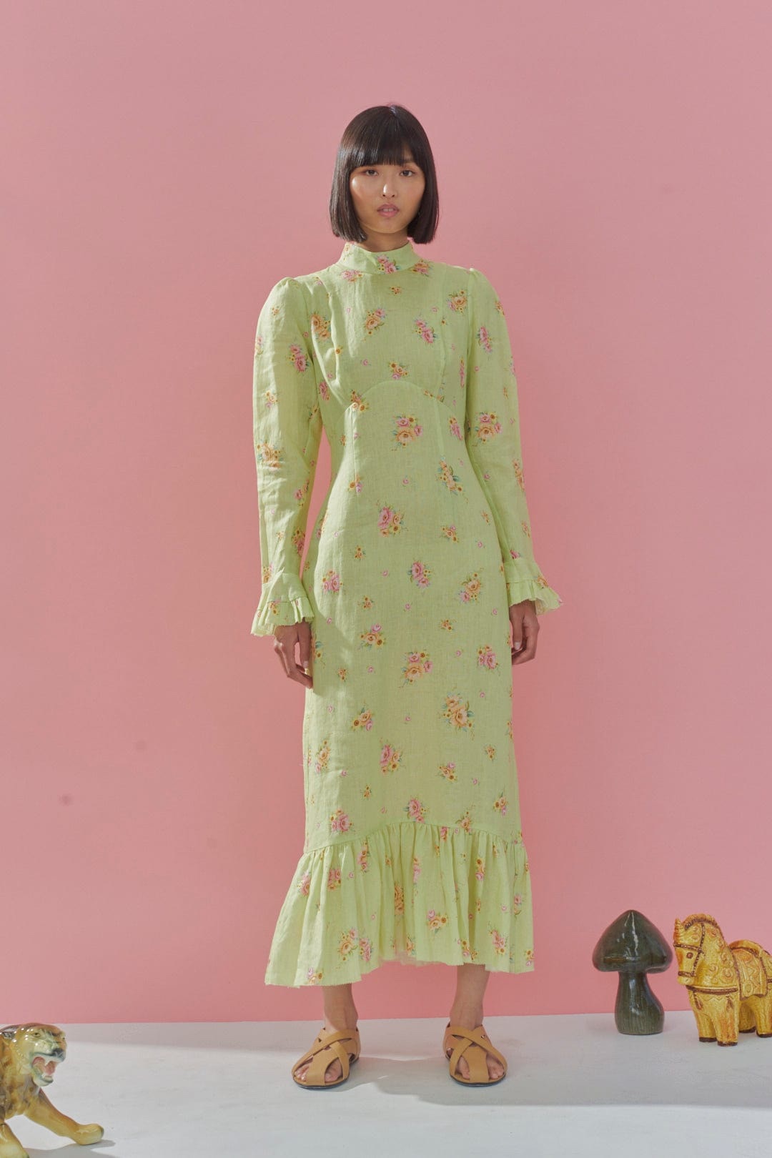 Women Linen Green Floral Print Long Sleeve Dress