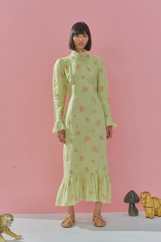 Women Linen Green Floral Print Long Sleeve Dress