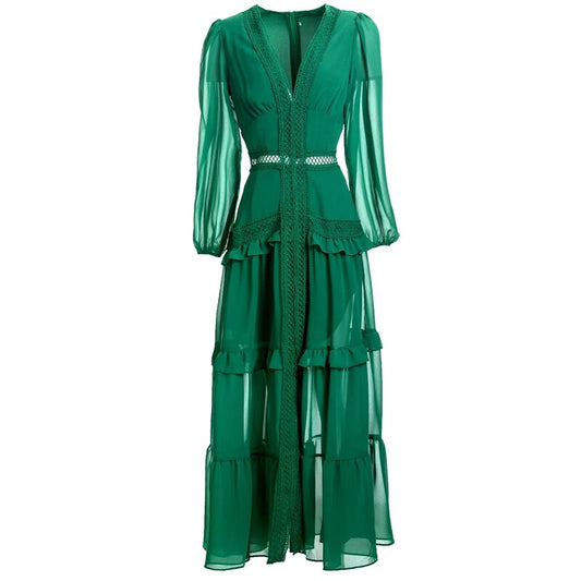 LONG sleeve Ruffles Dresses - GREEN